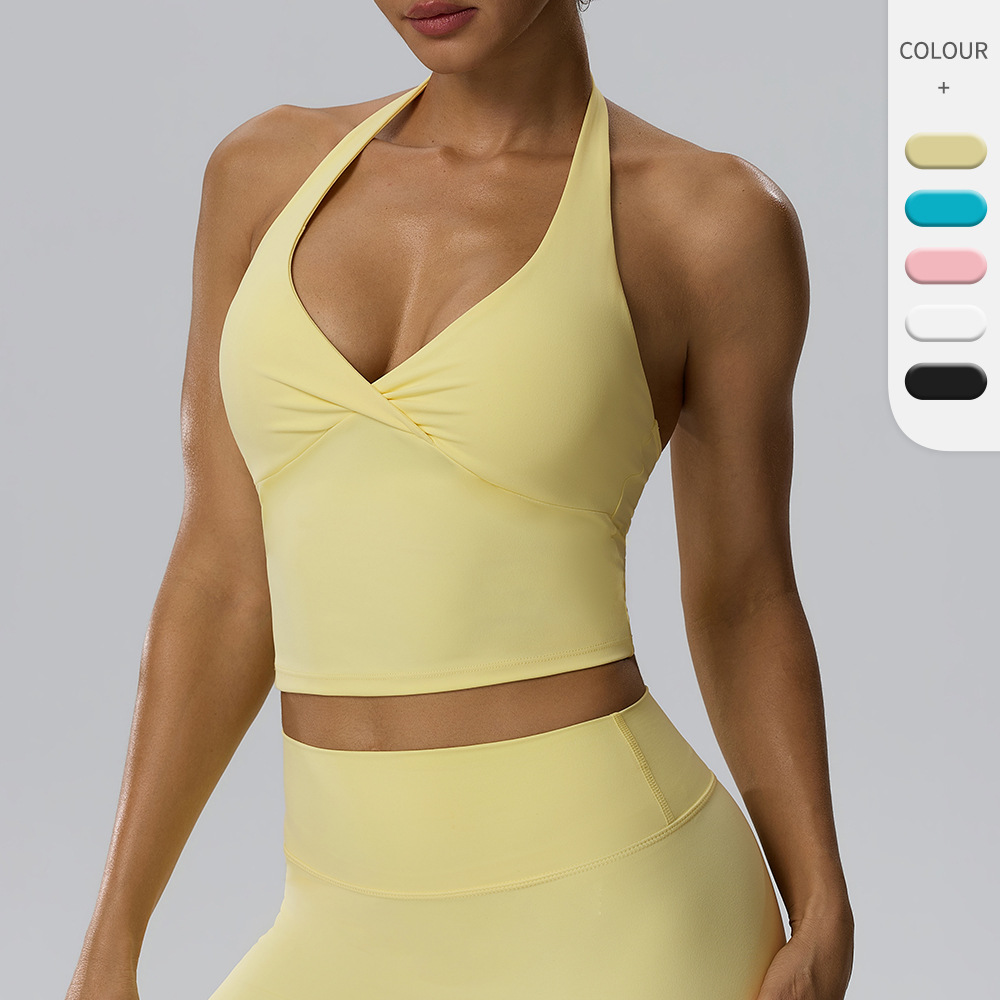 European and American style women's halter neck yoga tank top with chest pads, breathable, high elasticity, deep V-neck, suitable for running, fitness, and beautiful back design 62122