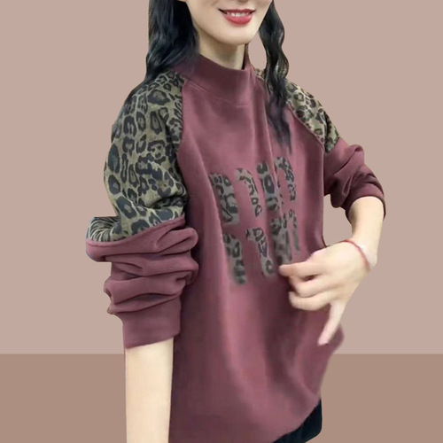Fashionable leopard-print splicing long-sleeved hoodie Women's autumn round collar casual loose slimming age-reducing top