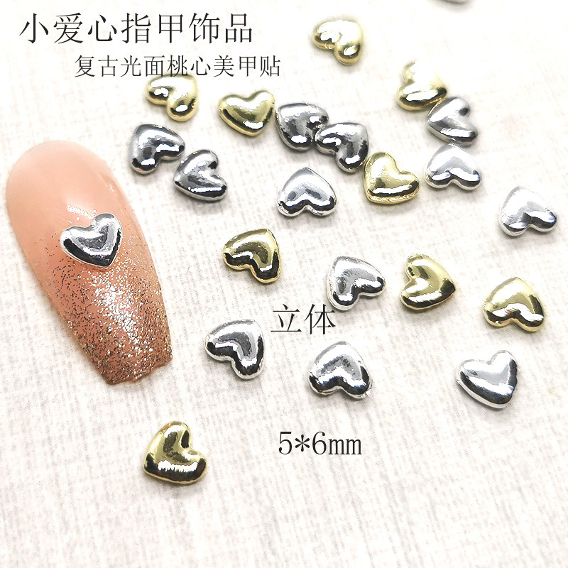 Metal Japanese Love Nail Jewelry Vintage Alloy Peach Heart Glossy Stereo Nail Sticker Valentine's Day Gold Silver White K Metal Japanese Love Nail Jewelry Vintage Alloy Peach Heart Glossy Stereo Nail Sticker Valentine's Day Gold Silver White K