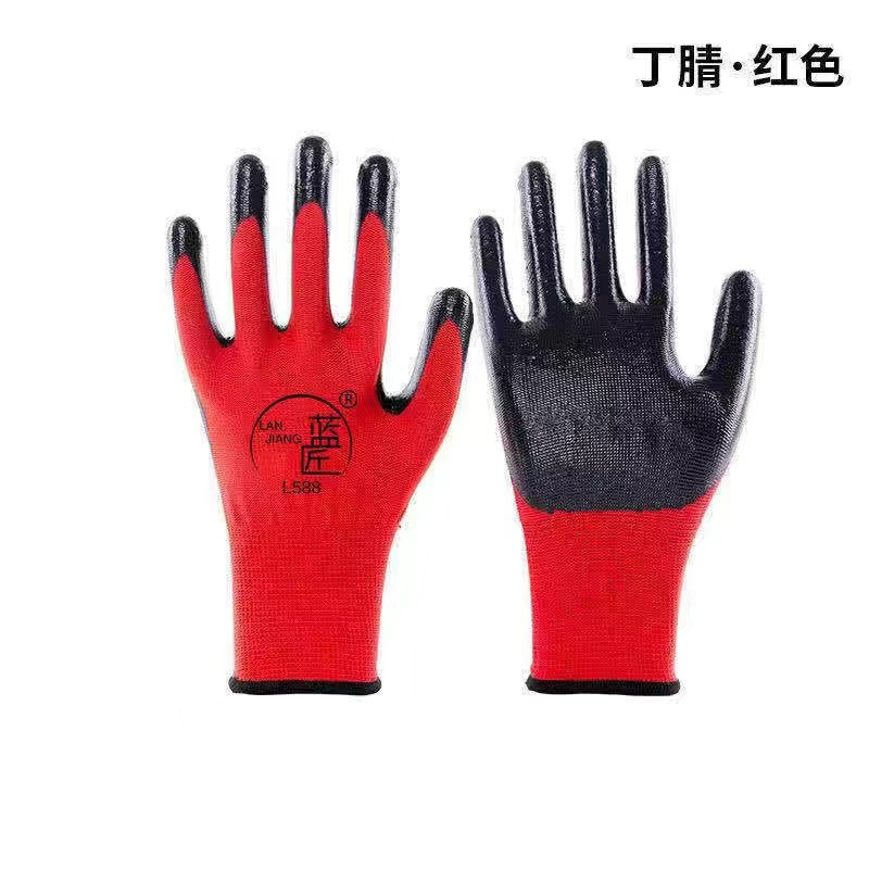 Guantes de seguridad laboral de nitrilo 13 agujas de nylon a prueba de aceite resistente al desgaste con adhesivo al por mayor antideslizante sitio de construcción