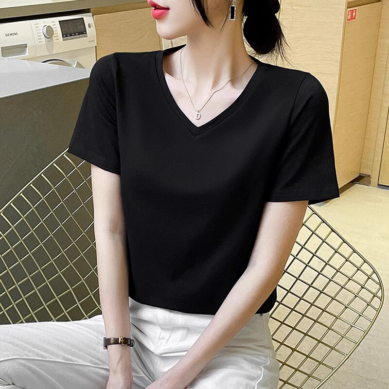 Loose Black Slim V-neck T-shirt Women's Summer Pure Cotton Short-sleeved Basic T-shirt Casual All-match Top