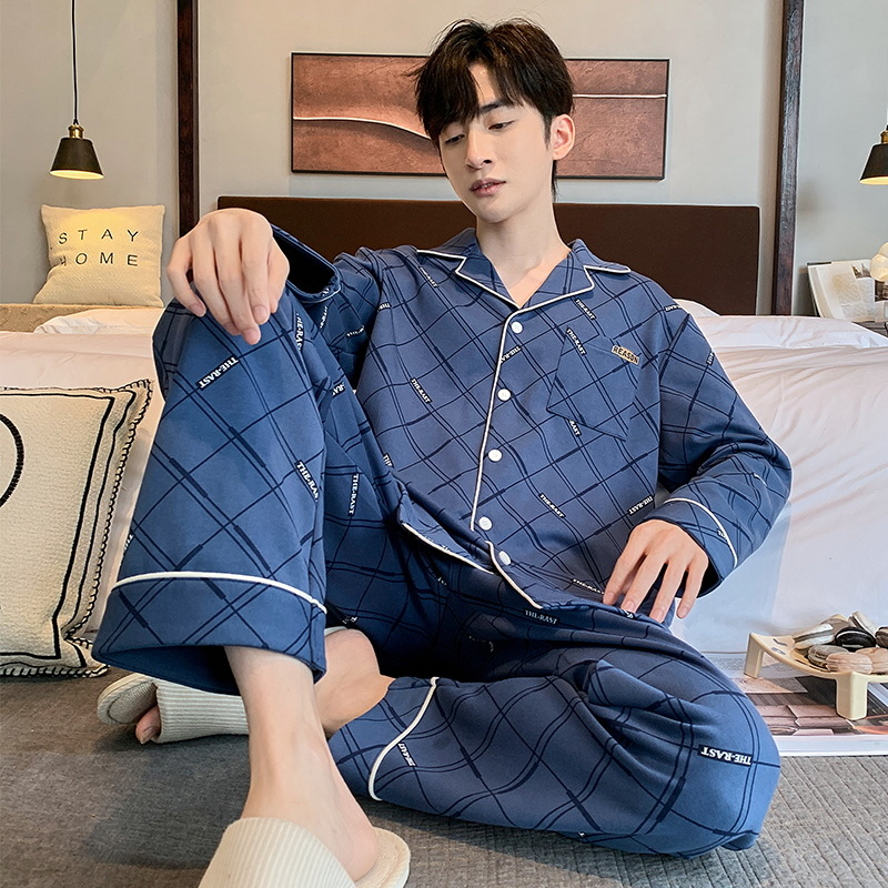 엄선된 순면 남성용 파자마, 봄, 가을 긴팔 바지, 캐주얼 남성 홈웨어, 가디건 라펠 슈트, 가을, 겨울