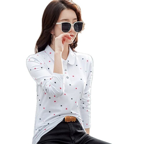 Fashionable Collared Long-Sleeve Women's T-Shirt Printed White Polo Shirt Bubbling Sleeve Plus Size Base Shirt Slimming Cotton T