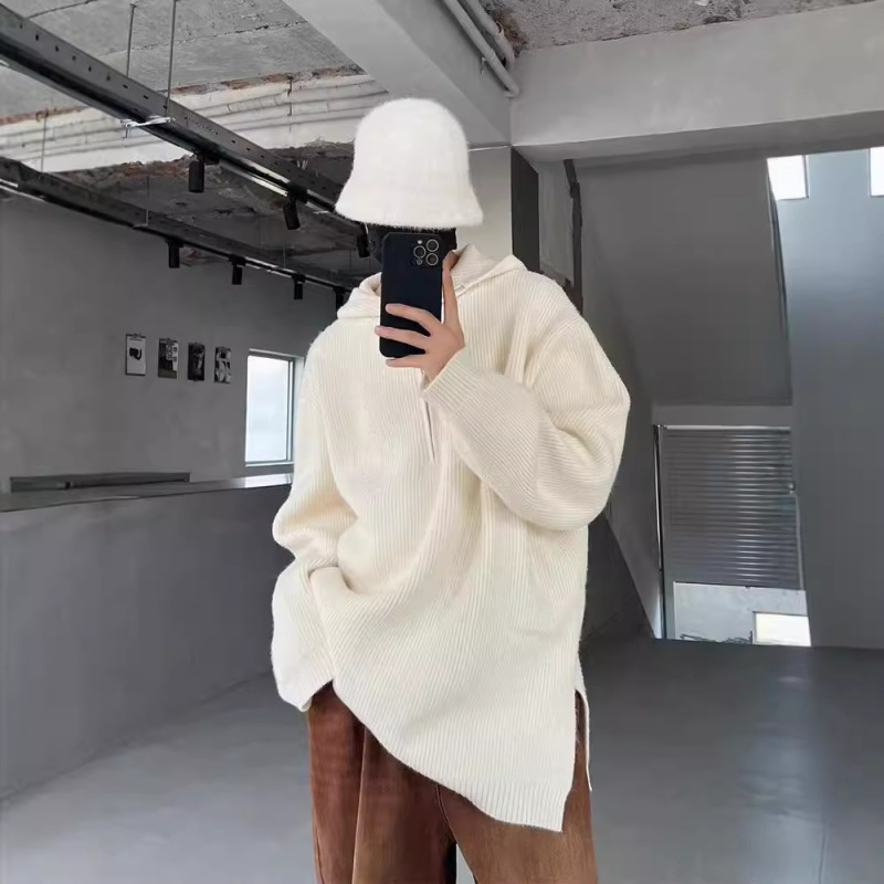 Half-Zip Hooded Knitwear Men's Autumn and Winter Trendy Brand Loose Lazy Style Knitwear American Retro Casual Jacket