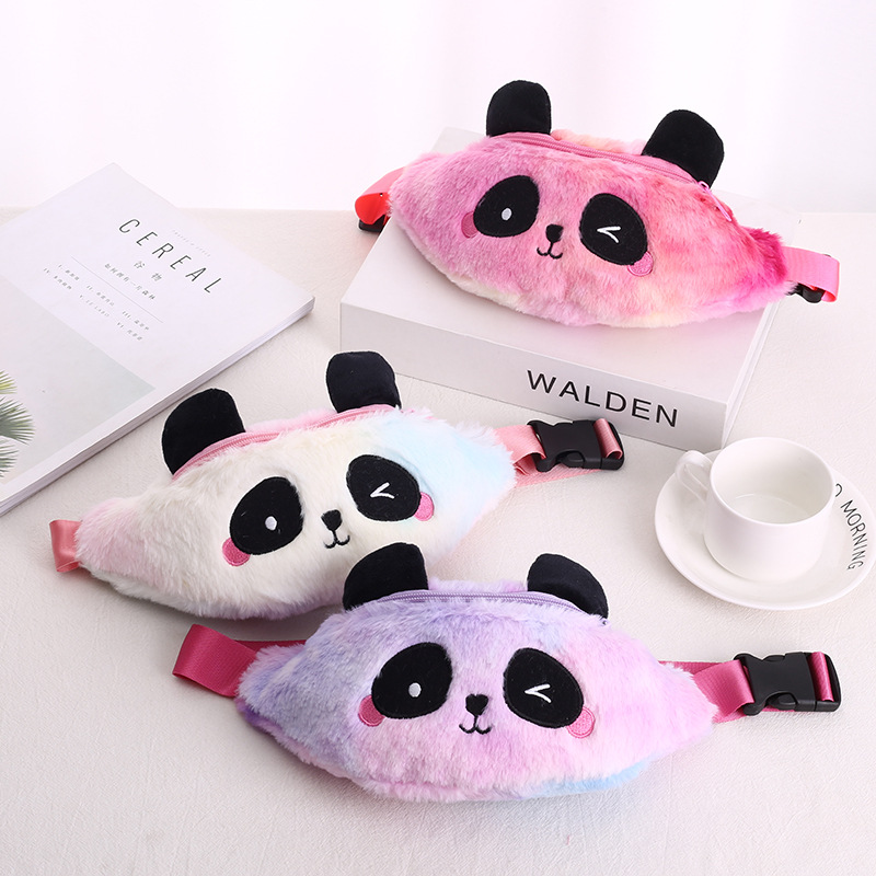 Bolso de hombro de felpa de dibujos animados Panda transfronteriza Linda niña teñida con lazo de piel colorida bolso de la cintura kindergarten niños bolsa de mensajero