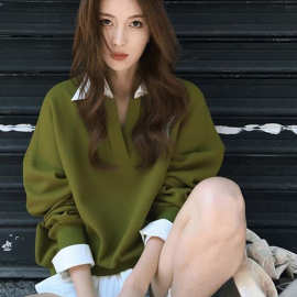 早秋小个子韩系上衣美式复古慵懒多巴胺绿色领假两件卫衣女