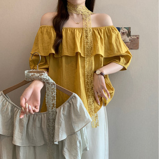Plus Size Women's Simple Korean Style Ruffle Collar One-Shoulder Shirt with Ribbon Slimming Textured Top