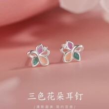 925纯银针三色花朵耳钉2026小众设计耳环女新爆款耳饰轻奢