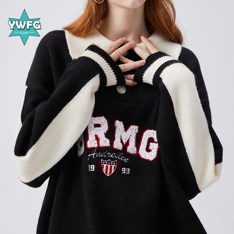 Suéter de punto POLO de estilo americano de la marca original YWFG, con diseño retro de letras jacquard, tendencia nacional para parejas en otoño e invierno.