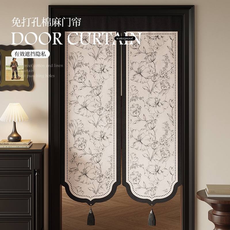 French-Style Bedroom and Living Room Door Curtain, Faux Linen, No-Punch Bathroom Blocking Curtain, Kitchen Partition Blackout Door Curtain