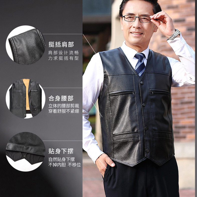 Áo vest nam da PU lót nhung có túi lớn, form rộng ấm áp cho người trung niên và người lớn tuổi — Màu đen