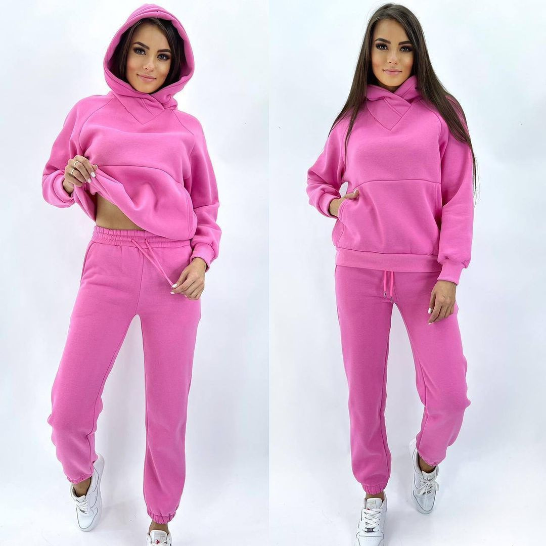 Hooded Loose Casual Top Two Piece 2024 Autumn/Winter New Brushed Women's Sweater Sports Set_voghion.com