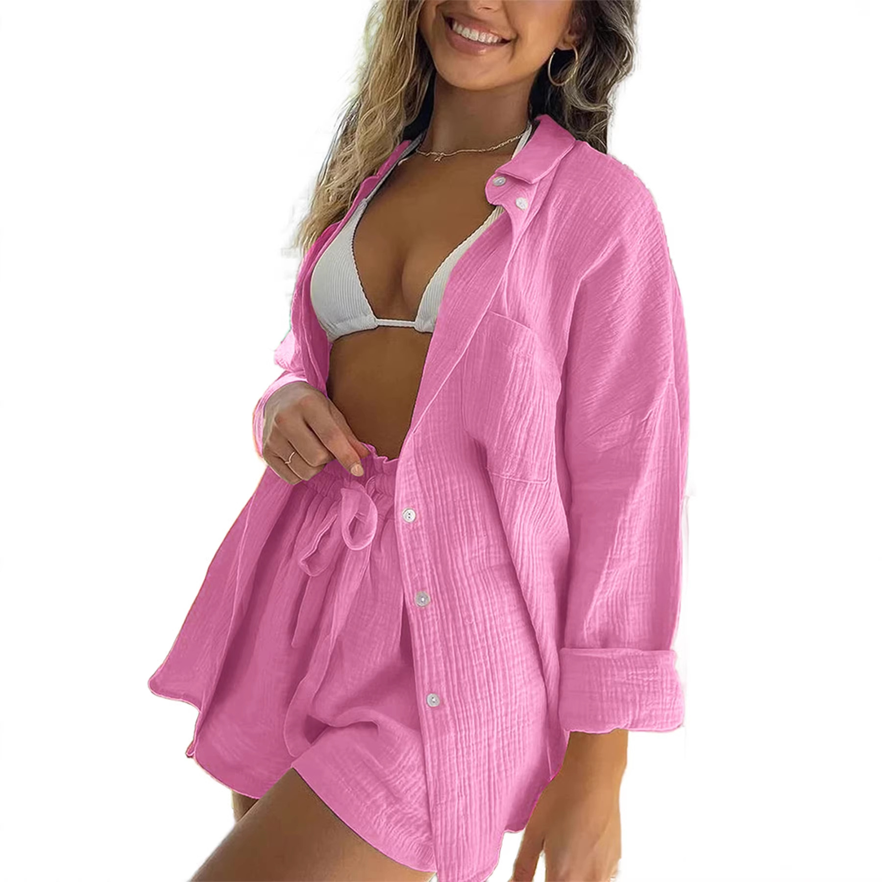 Women's Wrinkle Textured Button-Down Shirt With Relaxed Shorts Set - Casual & Office Wear Soft Stretch Comfort_ecoleips.com