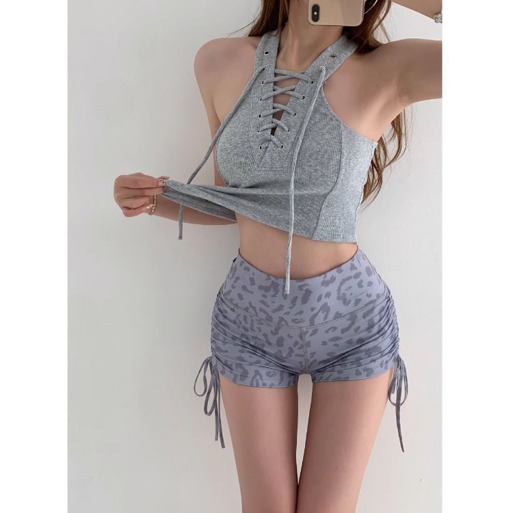 绝杀腰臀比侧抽绳豹纹运动短裤女夏高腰紧身显瘦提臀瑜伽健身热裤|undefined