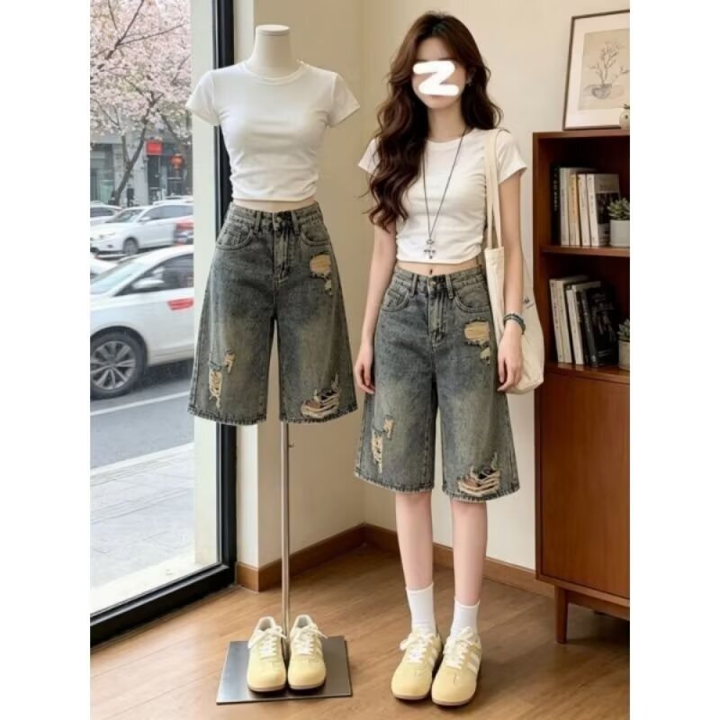 Ripped Denim Shorts for Women, Spring/Summer Thin Style, 2026 New High-Waisted Loose Straight Mid-Length Shorts