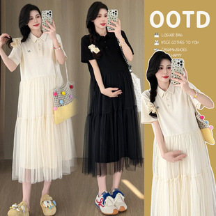 High-grade Pregnant Women Summer Dress dress 2025 New Fashion Polo Neck Mesh Stitching Belly Covering Long Skirt Wear
