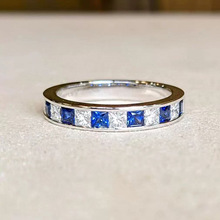 洛熙寺珠宝新款S925银人造公主方切割仿蓝宝石锆石排钻戒指跨境款