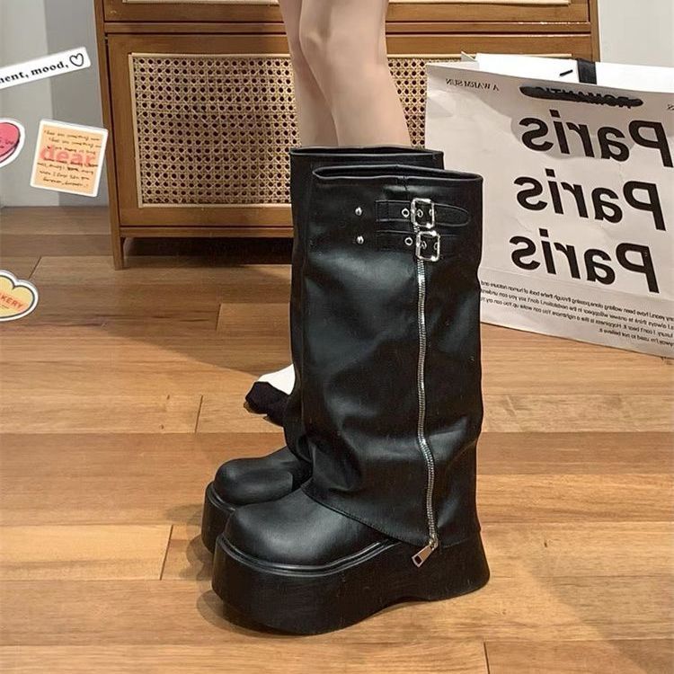 Black Slouch Boots with a Unique Design, Thick-Soled, Over-The-Knee Long Boots for Women, New Sweet and Cool Martin Boots for Spring 2025