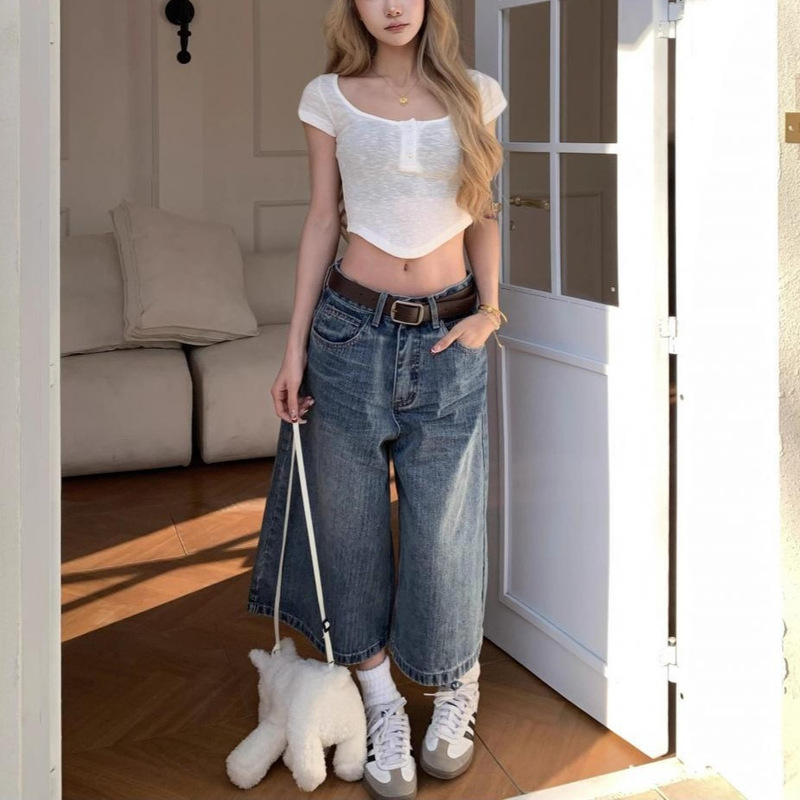 American Plaid Splicing Blue Denim Cropped Pants for Women Spring Retro Loose Straight Shorts