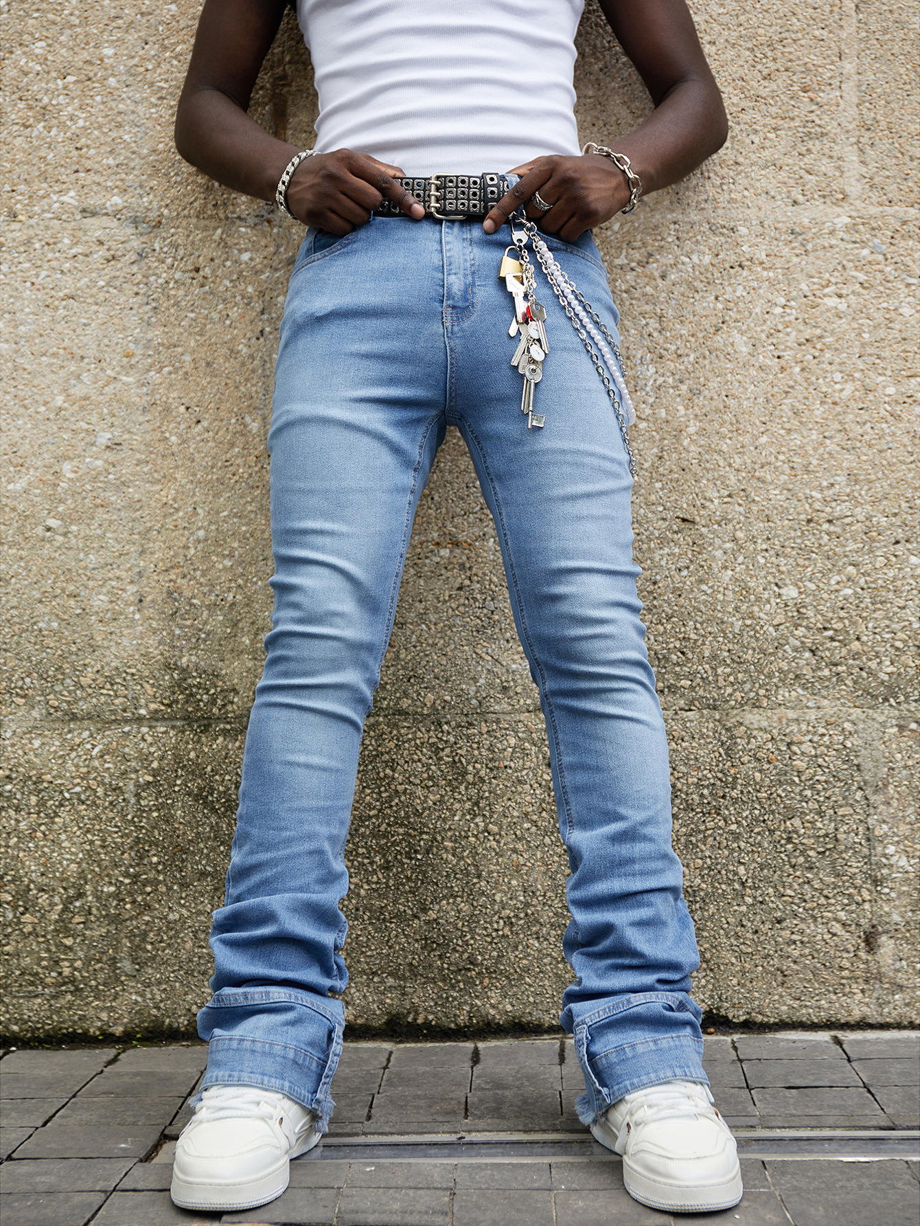 Men's Straight Leg Jeans Midweight Stretch Patch Denim Mid Waist Long Trousers Street Style Instagram Popular_mkmklike.com