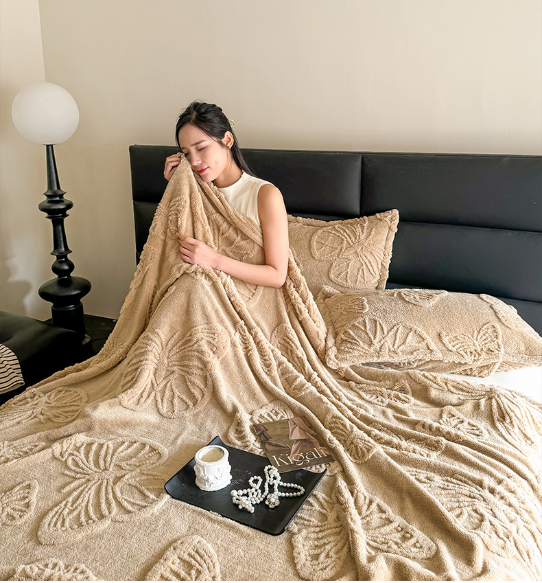 Taffeta Pure Color Jacquard Multifunctional Blanket Blanket Coral Fleece Butterfly Style 3D Embossed Falafel Blanket_voghion.com