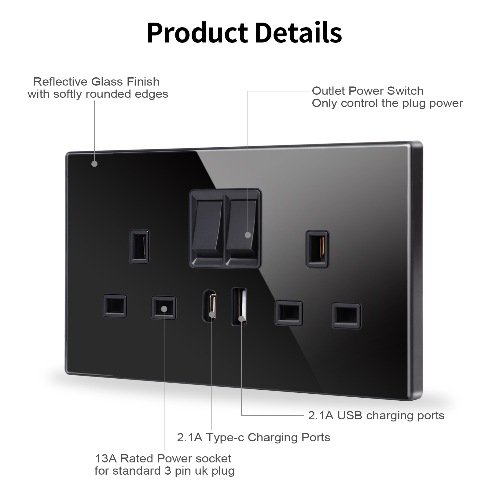吉美达两联13a插座智能家居USB3.1A英国墙插带充电接口家用插座