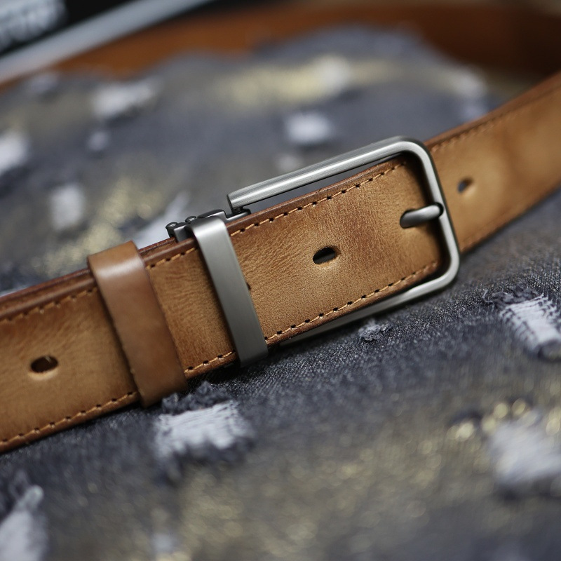 Handmade Top Layer Vintage Vegetable Tanned Pure Cowhide Pin Buckle Men's Workwear Pants Distressed Genuine Leather Belt_voghion.com