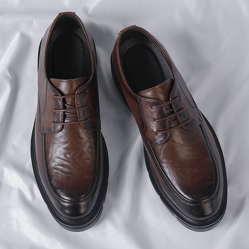 Leather shoes with inner height increased by 10CM, men's hand-scratch pattern business formal shoes, cowhide lace-up, thick-soled British breathable groom's wedding shoes