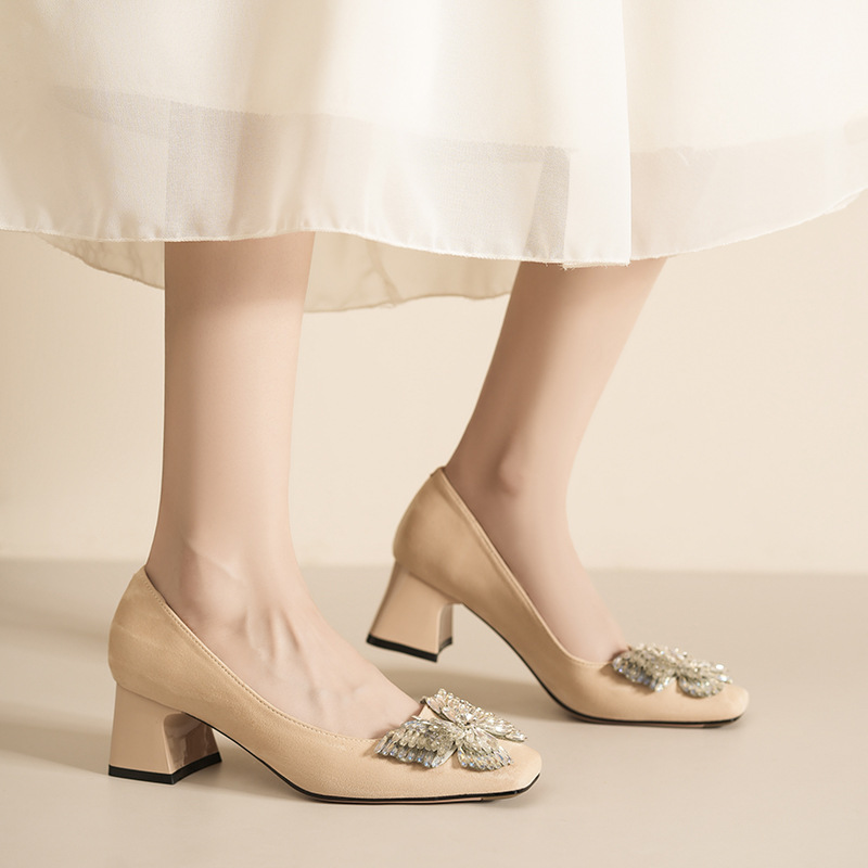 5688C-179 Sud Wdding Shos For Womn, Chunky Hl, Two-Way War, Squar To, Bowknot, Mid-Hl, Comfortabl,_voghion.com