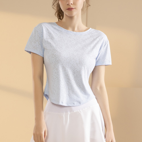 Summer New Slit Embroidered Short-Sleeve T-Shirt Loose Beautiful Back Top Slimming and Weight-Loss Quick-Drying Breathable Yoga Clothes for Women