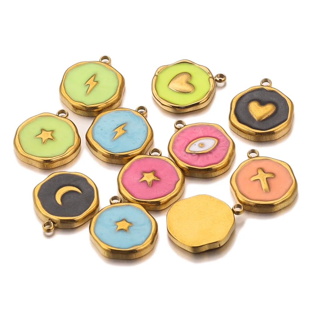 All Seasons Season 5 PCS/Package 304 Stainless Steel PVD Coated Real Gold Plated Round Pendant DIY Jewelry Accessories