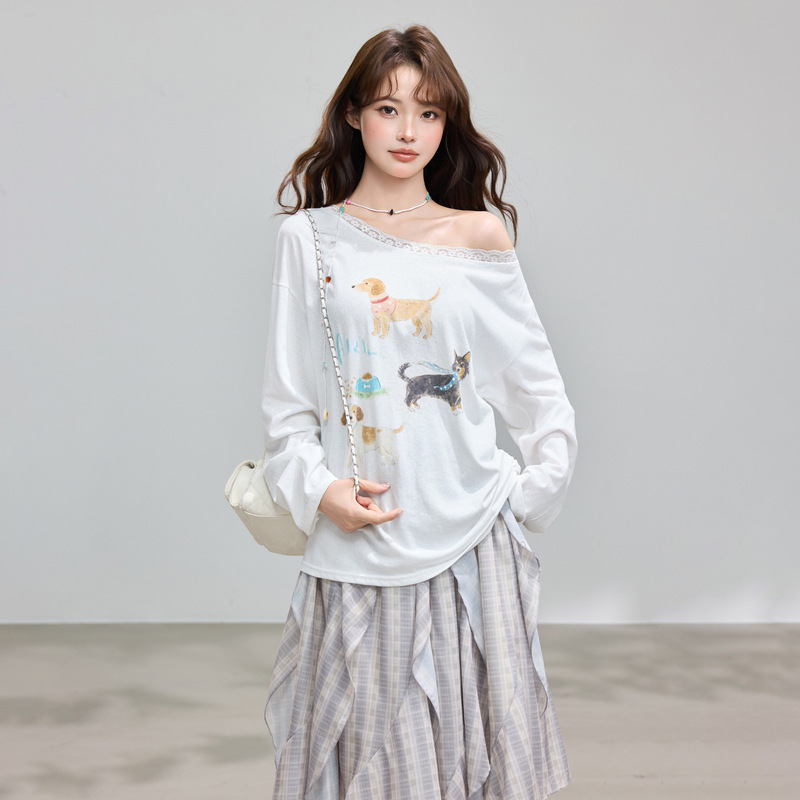 Jiyou Off-Shoulder Sunscreen Cover-Up Long Sleeve T-Shirt for Women, New Summer Style, Lace Print Loose Top