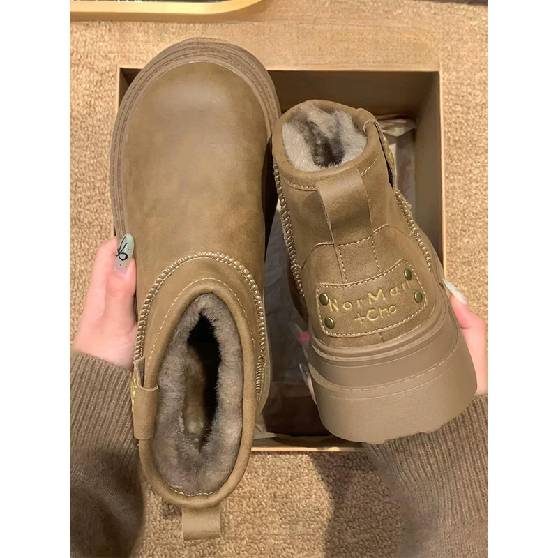 Меховые в одном снегоступах женские осенние и зимние новые нескользящие короткие сапоги ретро толстые сапоги с бархатом теплые хлопковые сапоги