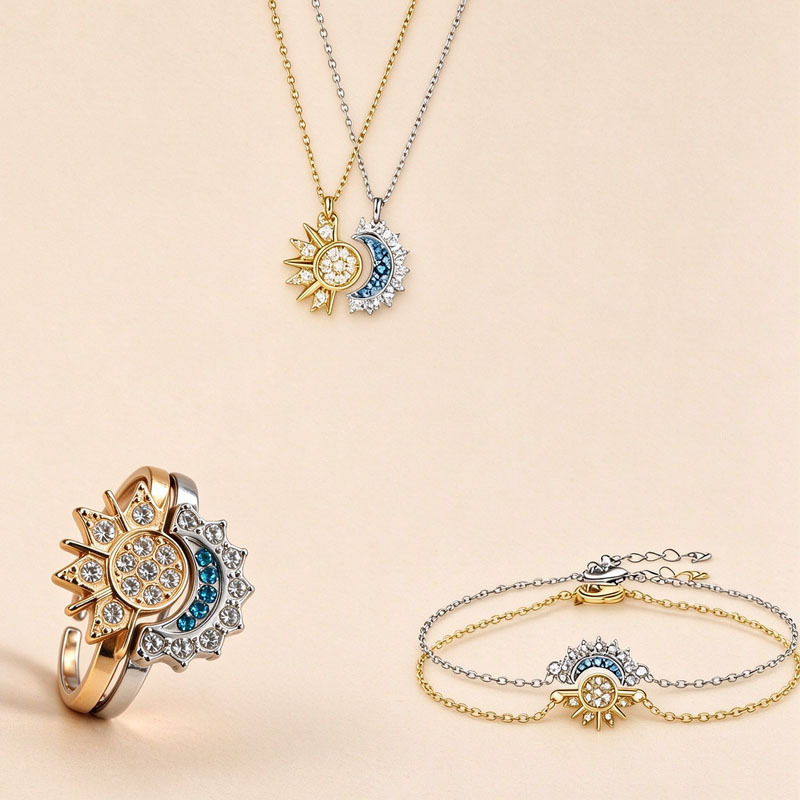 Cross-Border Sun and Moon Shine Together Stacked Open Rings, New European and American Style Personalized Diamond-Studded Combination Rings