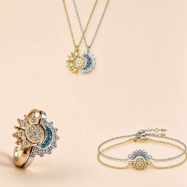 Cross-Border Sun and Moon Shine Together Stacked Open Rings, New European and American Style Personalized Diamond-Studded Combination Rings