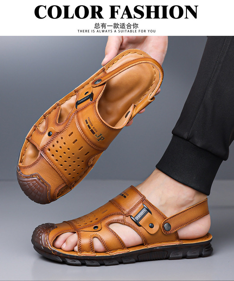 Dép sandal bít mũi nam da bò lớp đầu, đế mềm thân mềm, kiểu xỏ chân hai cách đi — G6951 màu nâu vàng, G6951 màu đen chi tiết 7
