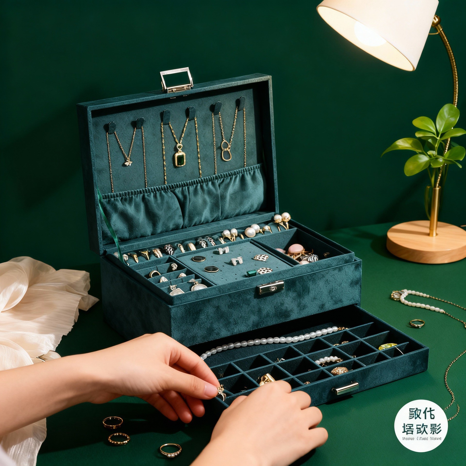 High-End Leather Velvet Jewelry Box in Stock, Drawer-Style Dressing Room Earring, Watch, Necklace Storage Box with Divider Tray