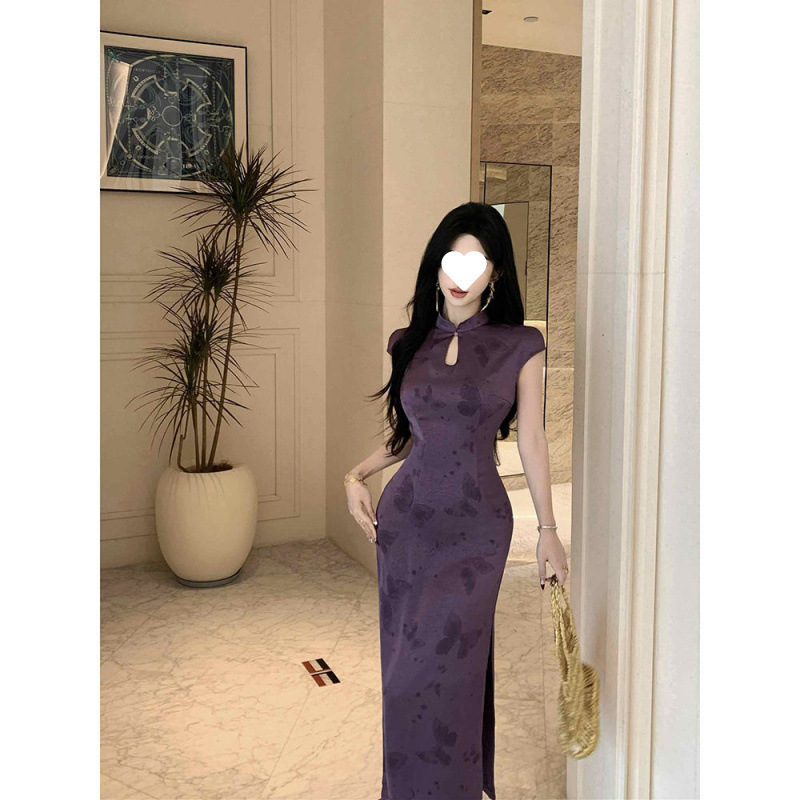 Purple, Flattering, New Chinese-style, High-end, Improved Printed Short-sleeve Cheongsam, 2025 Summer Elegant Long Dress_ecoleips.com
