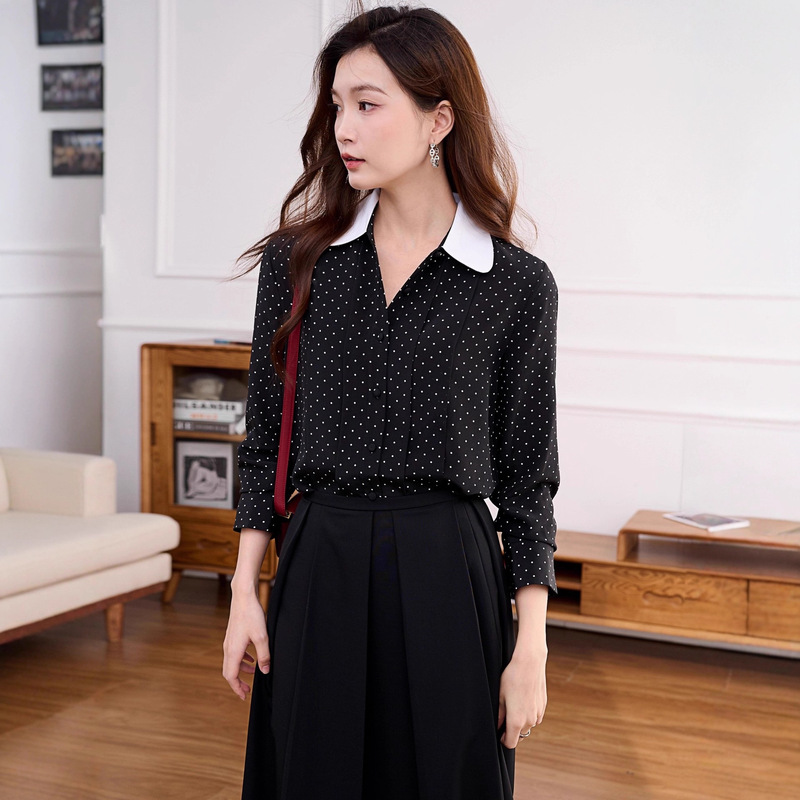 French Age-Reducing Ic6A Crepe De Chine Silk Polka Dot Pleated Doll Collar Long-Sleeved Shirt Top Autumn
