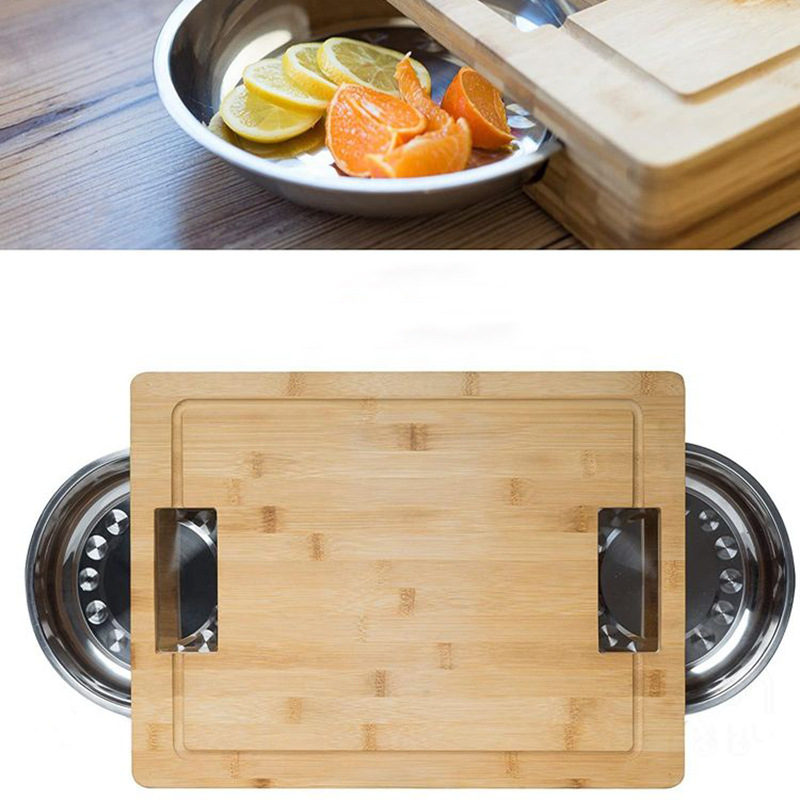 Tabla de cortar de bambú, tabla de cortar de frutas y verduras, tabla de verduras multifuncional creativa con recipiente de acero inoxidable, tabla de filete de bambú