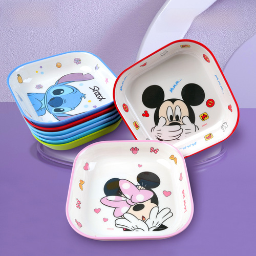 Disney Melamine Children's Square Plate, Durable for Elementary School Students, Cartoon Style, Suitable for Kindergarten, Baby Tableware