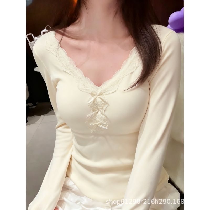 Pure Desire Lace V-Neck Thermal Base Layer Women's Short Slim Fit Brushed Fleece Top for Autumn and Winter Warm T-Shirt