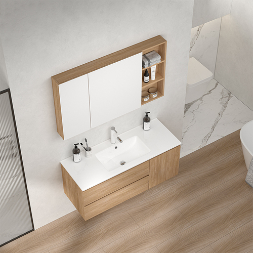 Custom wholesale original wood color integrated ceramic sink bathroom cabinet mirror cabinet set with face basin cream style bathroom