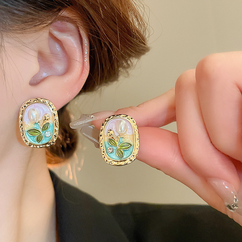 Monet Garden Pintura al óleo Pendientes de perlas de flores de viento Pendientes de lujo ligero de alta calidad Pendientes frescos dulces franceses mujeres