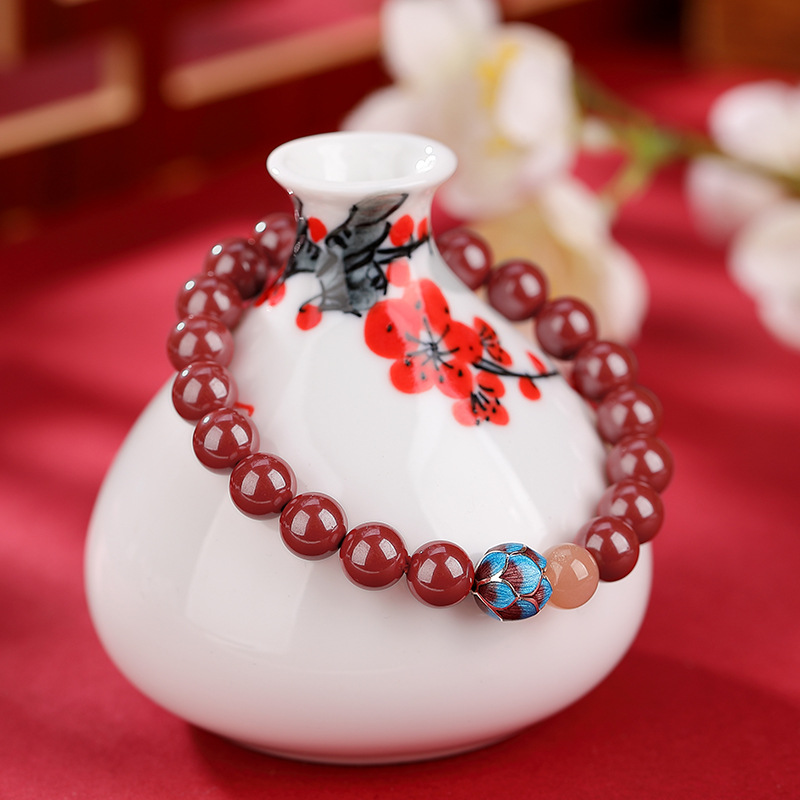 Vòng tay bạc S925 đá mặt trăng chu sa hạt tròn phong thủy may mắn — Mẫu cát Hoàng Đế