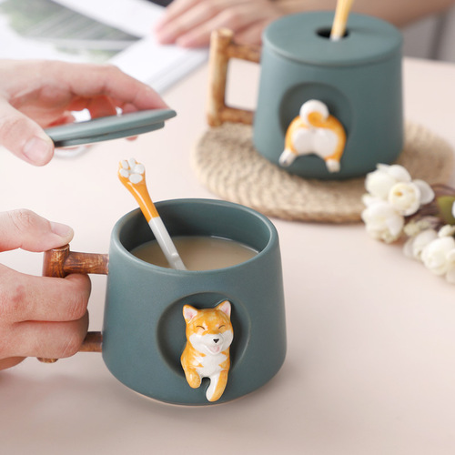Ceramic creative personality cute mug with lid spoon for home couple men and women coffee cup Shiba Inu cup gift