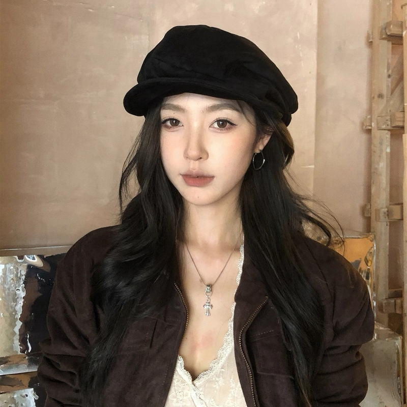 日系褶皱前进帽小众不规则贝雷帽显脸小复古报童帽冬天保暖帽子|undefined