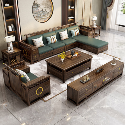 Wujin wood new Chinese style all solid wood fabric sofa modern light luxury living room small apartment simple dual-purpose storage furniture