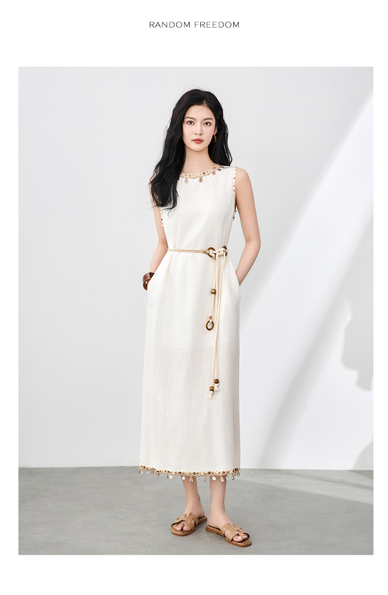 Đầm maxi nữ không tay phong cách Bohemian chất liệu linen tencel phối tua rua — Màu kaki chi tiết 10