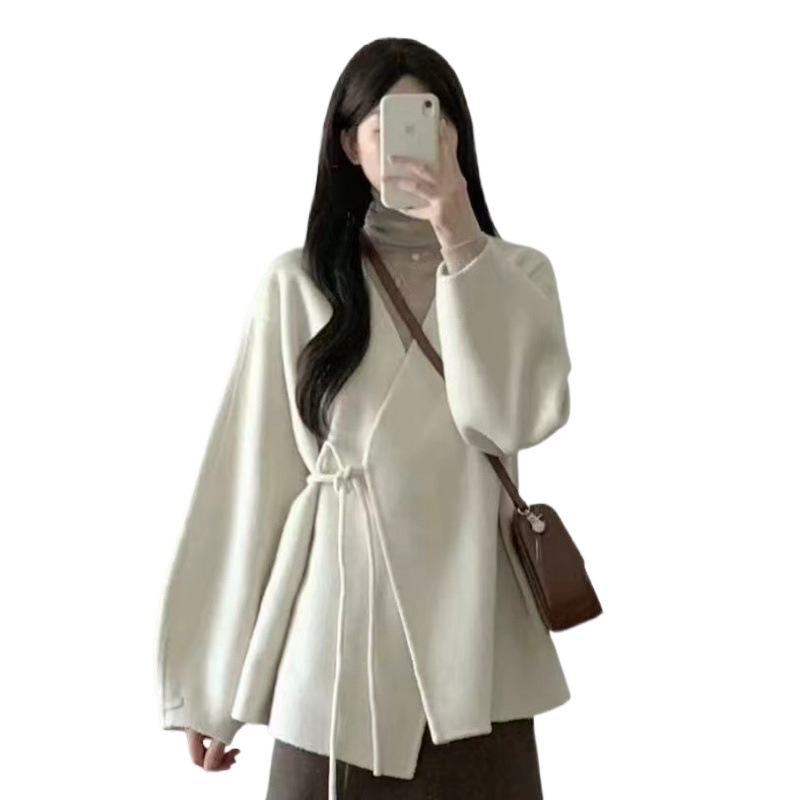 임산부 가을 겨울 스웨터 정장 니치 디자인 레이지 스타일 레이스업 니트 카디건 투피스 슬림 드레스